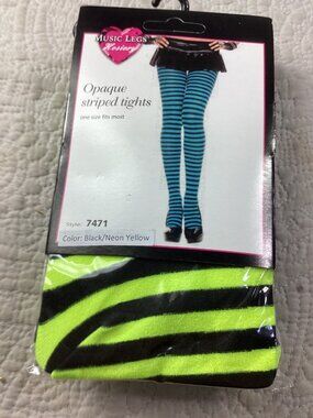 Music Legs Hosiery*Neon Yellow*Black Opaque Striped Tights*One Sz 70 Denier*NWT